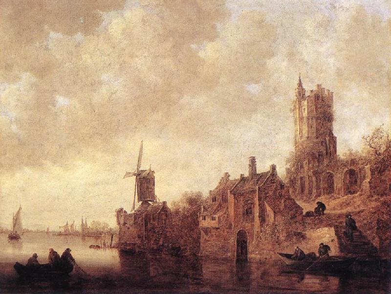 Jan van Goyen River Landscape with a Windmill and Ruined Castle oil painting image